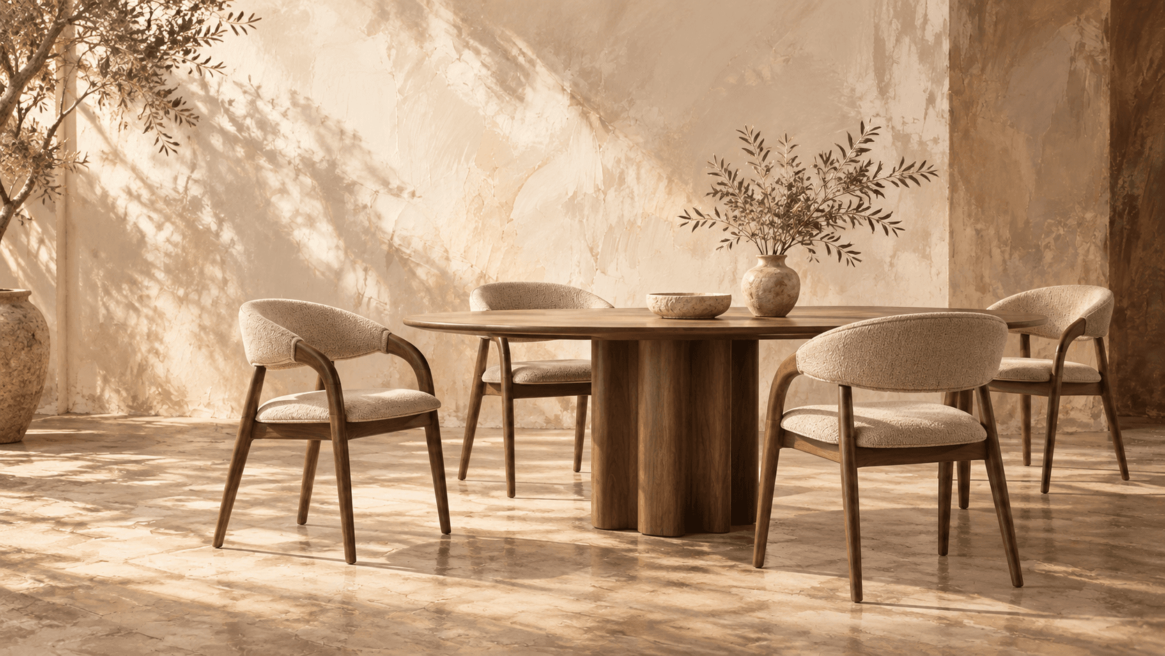 Four Arco armchairs around a walnut dining table in warm afternoon light